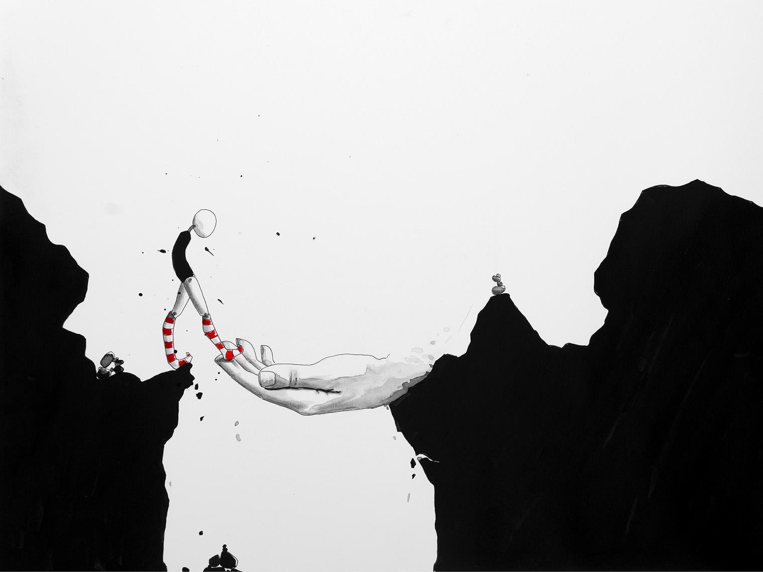 Trusting, One Step at a Time, artwork by Karolina Adams: a small figure between dramatic black cliffs, reaching toward an outstretched hand